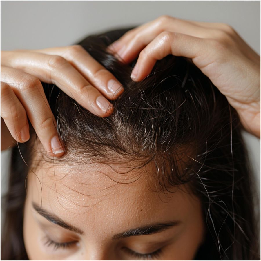 woman with balding hair against white background, she is holding her hand on her head.
