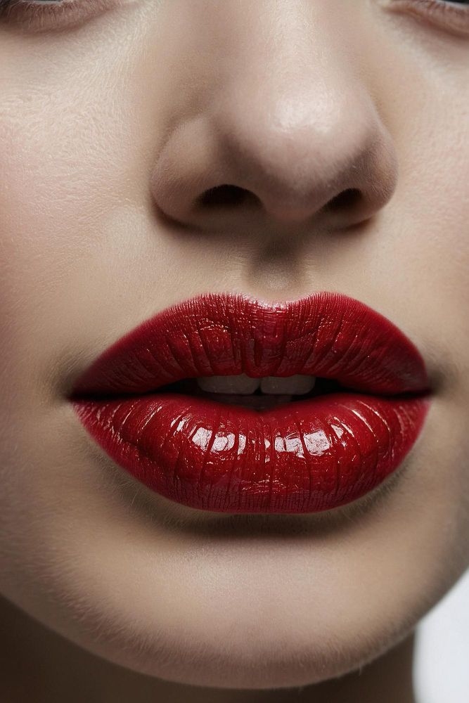 Close-up of a woman's lips adorned with vibrant red lipstick, highlighting their shape and colour